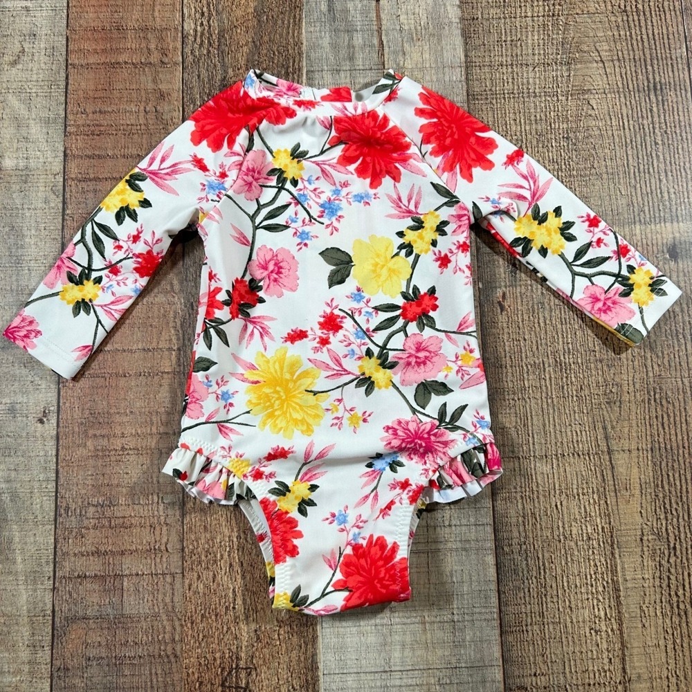 Old Navy Baby Girl Floral Long Sleeve Rash Guard One Piece Swimsuit Ruffle